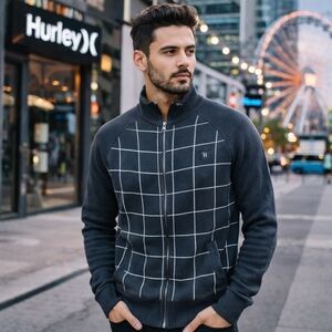 Hurley Plaid Grid Knit Zip-Up Sweater Men's Casual Streetwear Lightweight Jacket